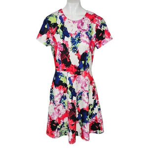 Milly Design Nation Abstract Floral Fit & Flare Dress Size 8 Zip Back Pockets